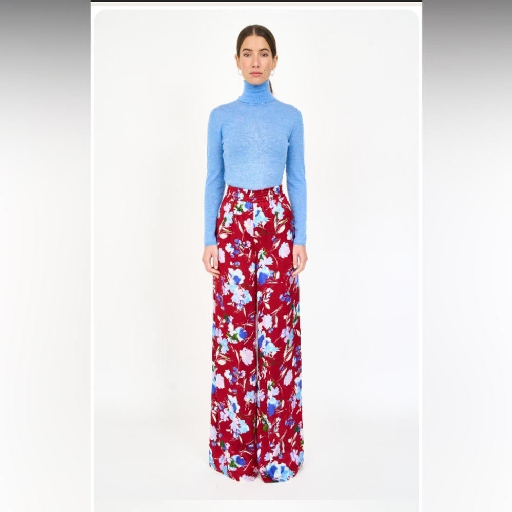 Christy Lynn ‘Jade’ Crimson Fleur Silk Wide Leg Elastic Waist Pant Size Small